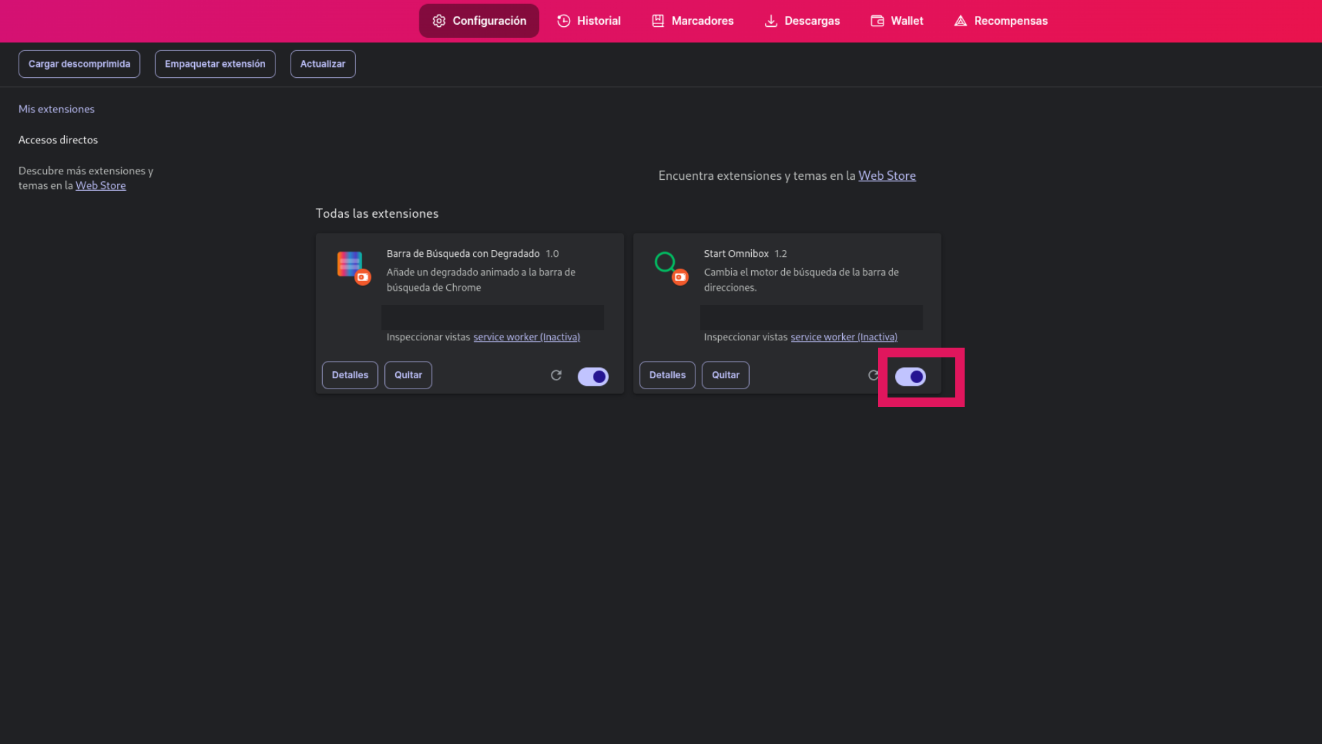 Se está activando la extensión Start Omnibox en el navegador